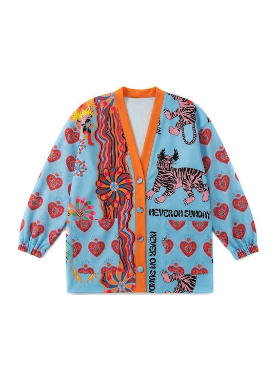 Lang Gestrickte Damen Strickjacke mit Knöpfen Orange-Rosa-Seegrün
