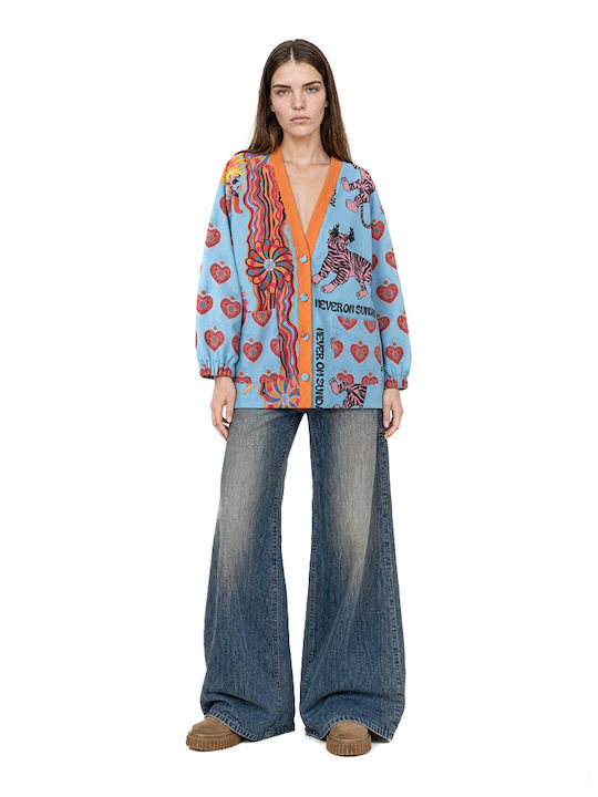 Lang Gestrickte Damen Strickjacke mit Knöpfen Orange-Rosa-Seegrün