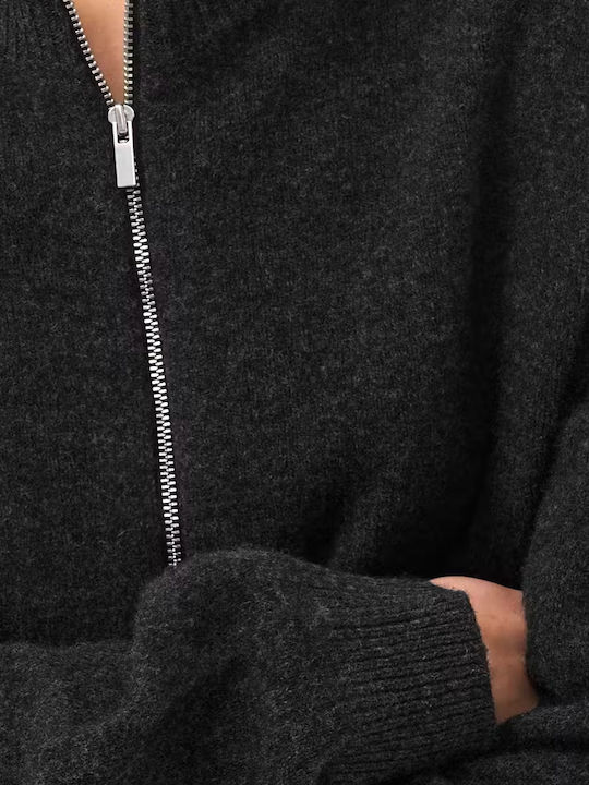 Lange Gestrickte Damen Strickjacke mit Reissverschluss Anthrazit
