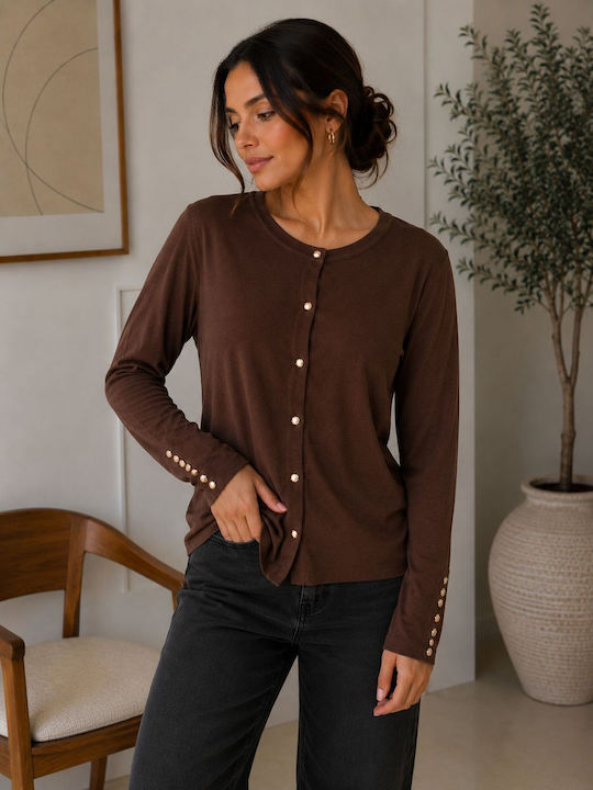 Long Women's Cardigan with Buttons Brown