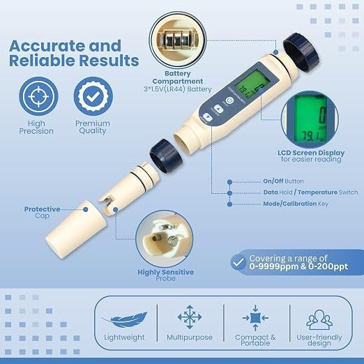 Tester Digital 5 În 1 Pentru Piscine Apă Electroliză Sare Ph Salinitate Tds Ec Măsurare Temperatură Ecran Lcd Iluminat Piscină Jacuzzi Acvariu Hidroponie