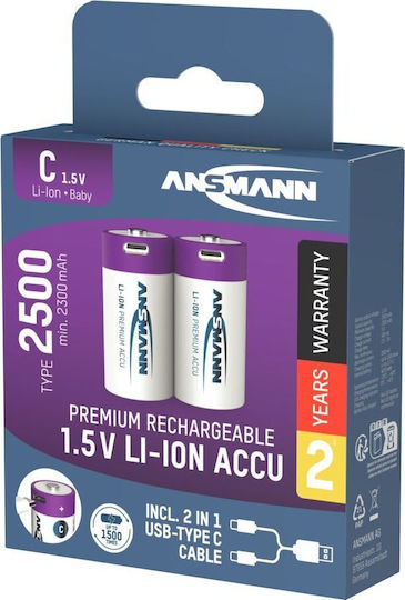 Ansmann Wiederaufladbare Batterien C Li-Ion 2300mAh 1,5V 2 Stück