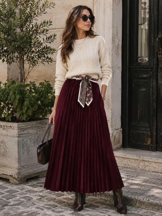 Pleated High Waist Midi Skirt Burgundy
