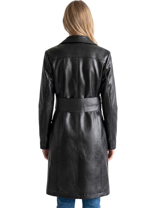 Leder Damenmäntel Schwarz mit Knöpfen