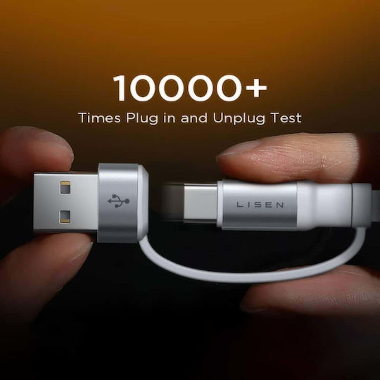 Lisen Подвижен / Джоб USB към Type-C / Lightning Кабел Бял 1m YL0123030001