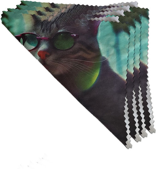 Set 4 Pânze de Curățare pentru Ochelari din Sticlă Plastic Ochelari Lentile de Contact Telefon Imprimare O Pisică Stilată Purtând Ochelari PriStyle 15x15cm