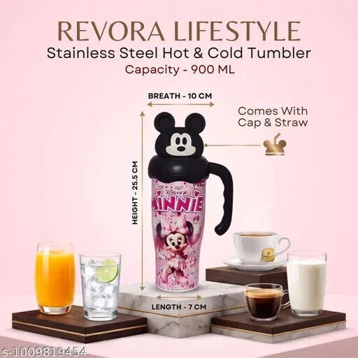 Sticlă Pentru Copii Apă Caldă Rece Minnie 900ml Oțel Inoxidabil Cu Pai K35090-77 Roz