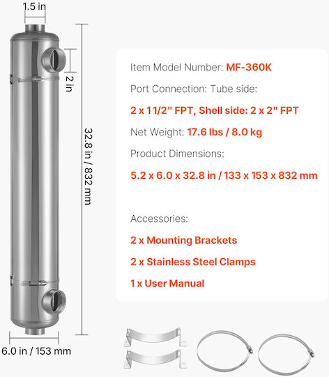 Pool Heat Exchanger Vevor 360k Btu Pool Heater Heat Exchanger 316 Stainless Steel Construction 316 Liters Water Transfer Heating System High Efficiency Spa Hot Tub Indoor Outdoor Silver