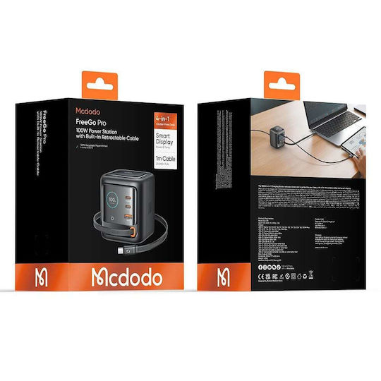 Mcdodo Mcdodo Handyladegerät mit Eingebautem Kabel GaN mit USB-A Ausgangsanschluss und 2 USB-C Ausgangsanschlüsse USB-C 100W Stromlieferung Schwarz