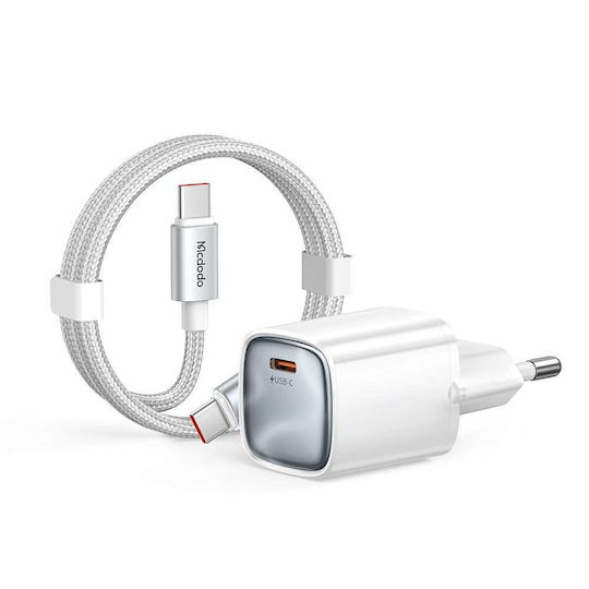 Mcdodo GaN Handyladegerät mit USB-C Ausgangsanschluss und Kabel USB-C - USB-C 65W Stromlieferung Weiß (Nano Series CH-8263)