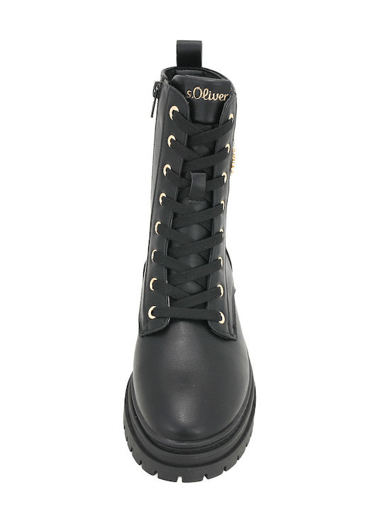 Leather Women's Combat Boots with Medium Heel Black