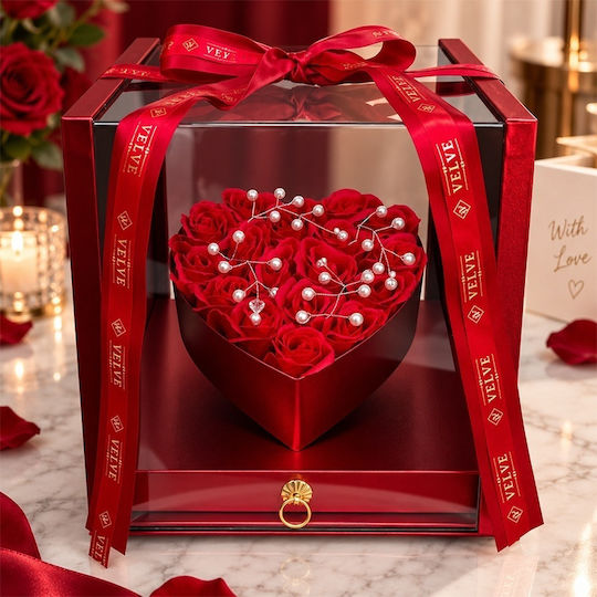 Set De Bijuterii Cu Trandafiri Săpun În Formă De Inimă Aranjament Floral De Lux În Cutie Roșie Cu Sertar Plexiglas