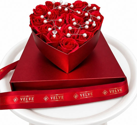 Set De Bijuterii Cu Trandafiri Săpun În Formă De Inimă Aranjament Floral De Lux În Cutie Roșie Cu Sertar Plexiglas