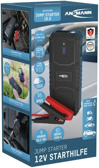 Ansmann Portable Car & Motorcycle Battery Starter 2500A with Power Bank USB Flashlight 12V