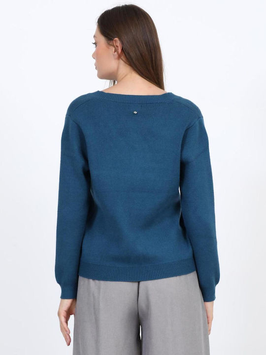 Women's Sweater with V-Neck Petrol Blue