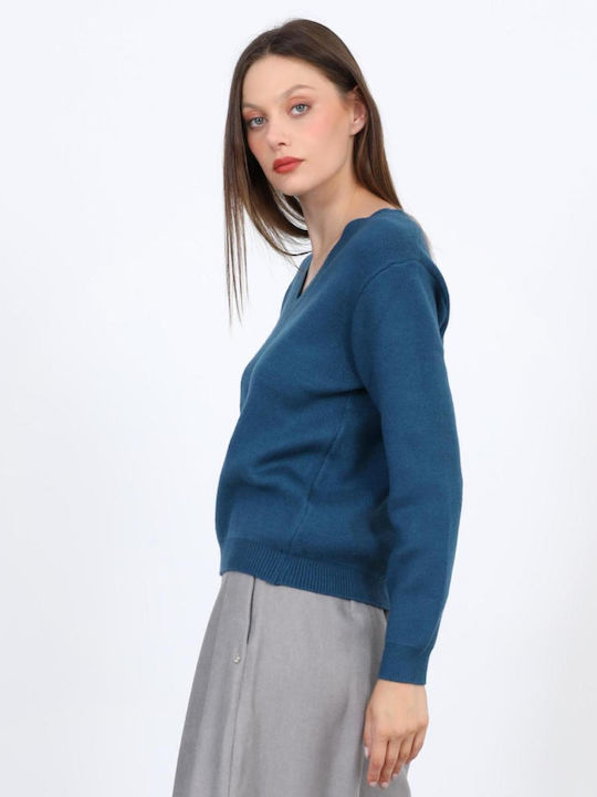 Women's Sweater with V-Neck Petrol Blue