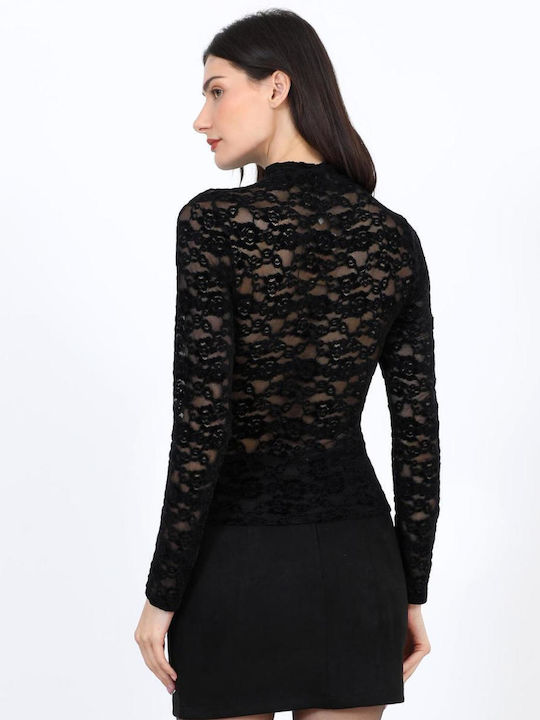 Damen Samt Bluse mit Spitze Schwarz