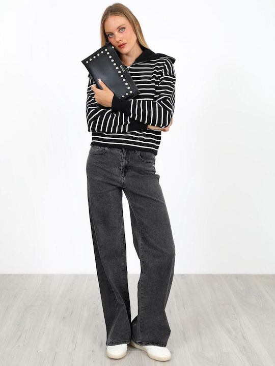 Women's Sweater with Zipper Striped Black