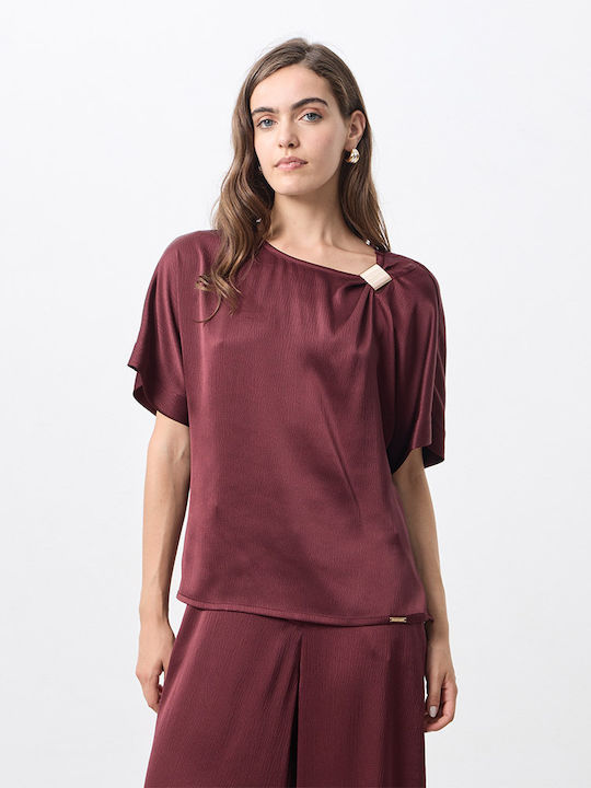 Damen Crop Top Satin Kurzärmelig Burgundisch