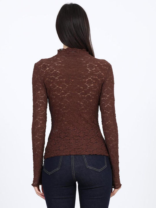 Damen Bluse mit Spitze Braun