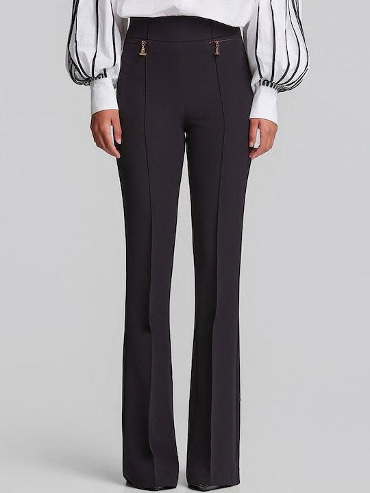 Women's High Rise Fabric Flared Trousers in Regular Fit Black