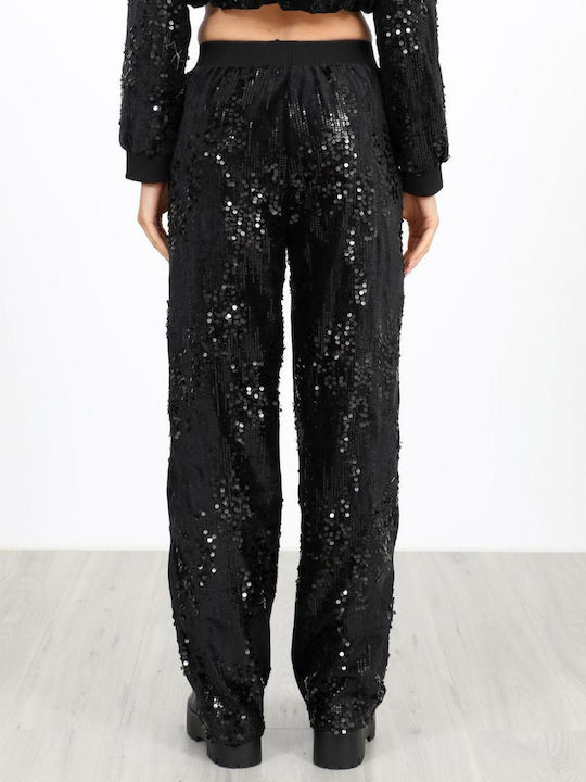 Women's Fabric Trousers with Elastic in Slim Fit Black with Sequins