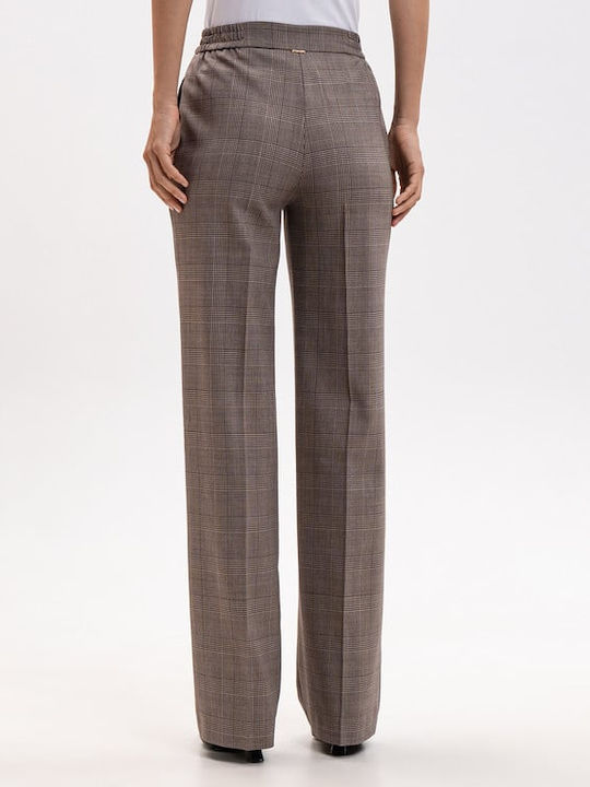 Women's High Waist Fabric Trousers in Straight Checked Beige
