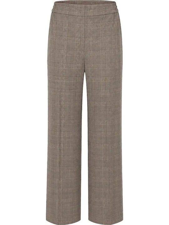 Women's High Waist Fabric Trousers in Straight Checked Beige
