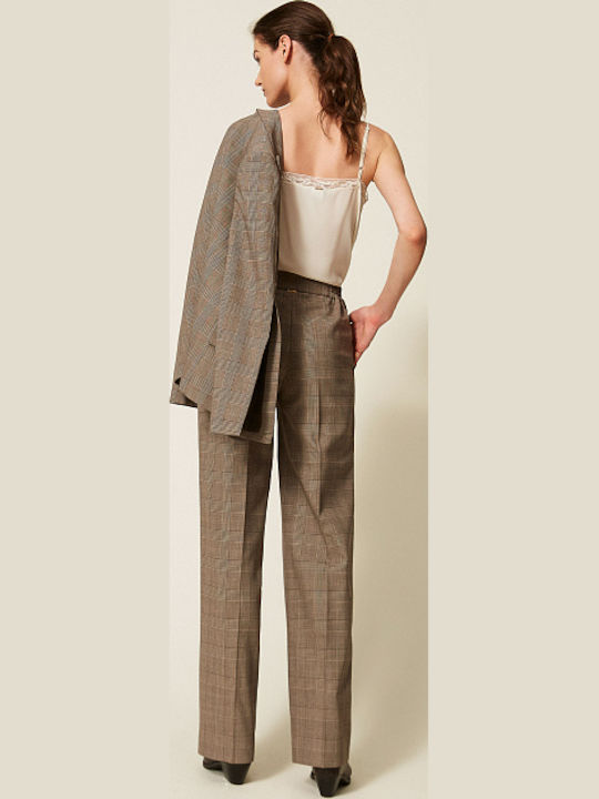 Women's High Waist Fabric Trousers in Straight Checked Beige