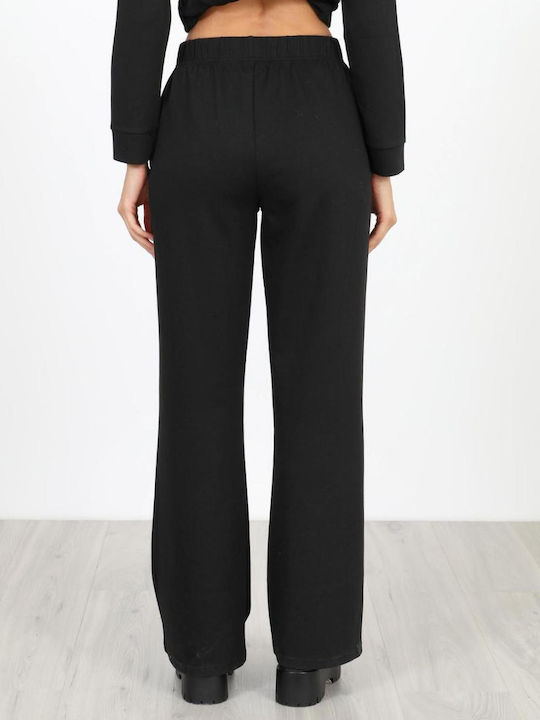 Women's Fabric Trousers with Elastic in Straight Line Black