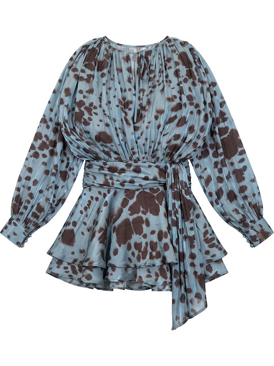 Summer Mini Shirt Dress with Ruffles Brown- Teal