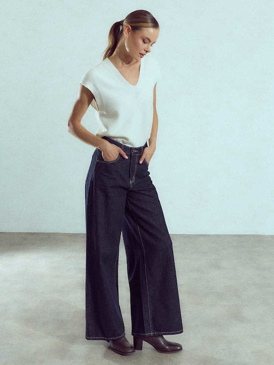 Celestino Γυναικείο Τζιν Wide Leg Βαμβάκι Loose Fit Σκούρο Μπλε