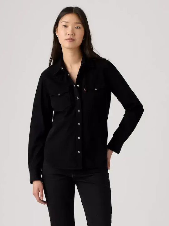 Western Langärmeliges Damen Denim Hemd Schwarz