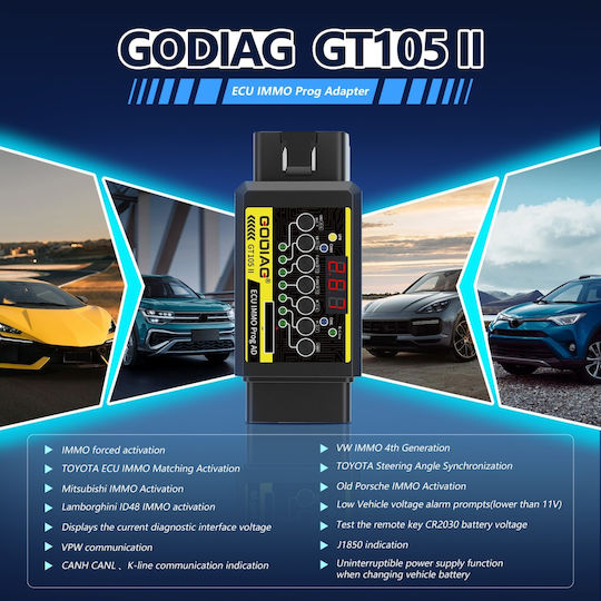 Break Out Box OBD2 Godiag GT105 II Adaptor Immo ECU CR2032 Test Alarmă Tensiune Joasă Programare Auto Diagnostic Afișare Tensiune Test Baterie VPW CAN K-Line