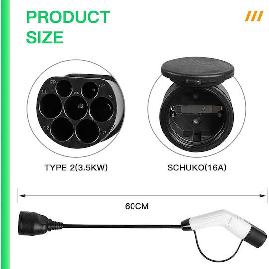 Ev Aohewei Tip 2 La Schuko Cablu de încărcare 16a 250v 3.5kw Adaptor pentru stație de încărcare Iec 62196 Cablu Tpu 60 Cm Protecție Ip55 Compatibil cu mașini electrice Scutere Biciclete electrice Încărcare rapidă