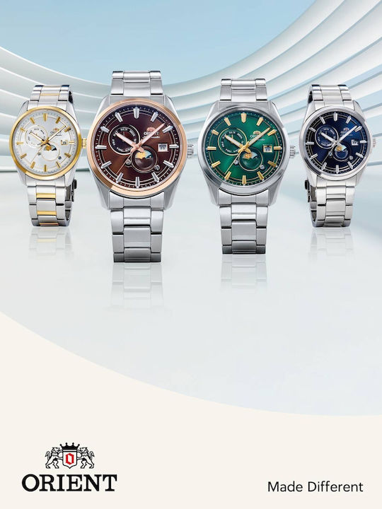 Orient Sun Moon Мъжки Ръчен Часовник Автоматичен със Сребрист Метален Браслет