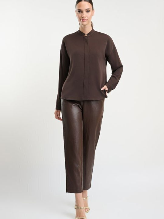 Damen Lederhose mit Gummiband in Lose Passform Braun