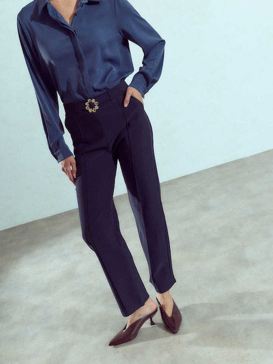 Women's Trousers Elastic Buckle Slim Fit Dark Blue