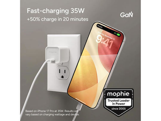 Mophie Зарядно устройство Без Кабел GaN с USB-C Порт 35W Power Delivery Бял (ROC 2025)