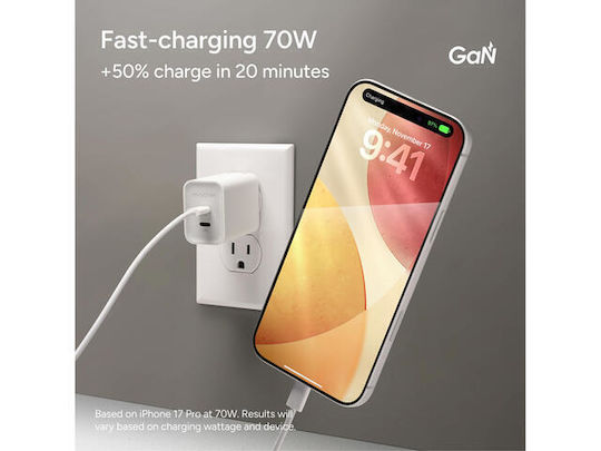 Mophie Безжично GaN зарядно устройство с 2 USB-C порта 70 W Power Delivery, бяло (ROC 2025)