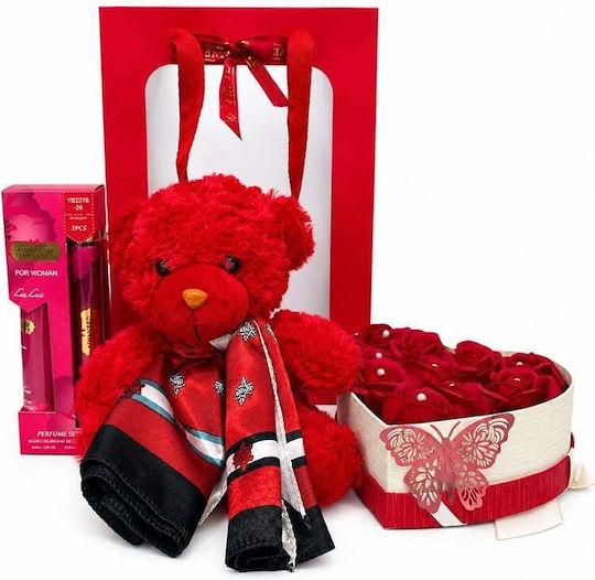 Set Pentru Femei Ursuleț De Pluș Tommy 10 Trandafiri Săpun Eșarfă Din Satin Set Parfum