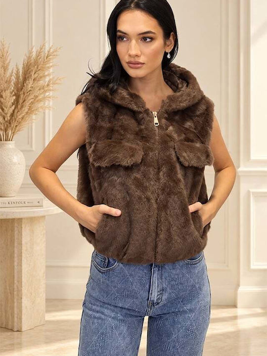 Blană Lungă Fără Mâneci Pentru Femei Brown