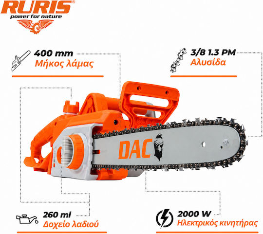 Ruris Dac 320el – Elektrische Kettensäge 2000 W 40 Cm Klinge Automatische Schmierung