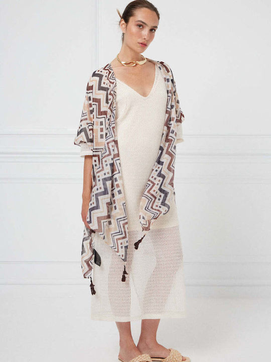 Summer Midi Shirt Dress Knitted with Tearing Ecru