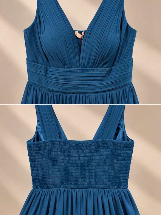 Summer Maxi Evening Satin Petrol Blue Dress