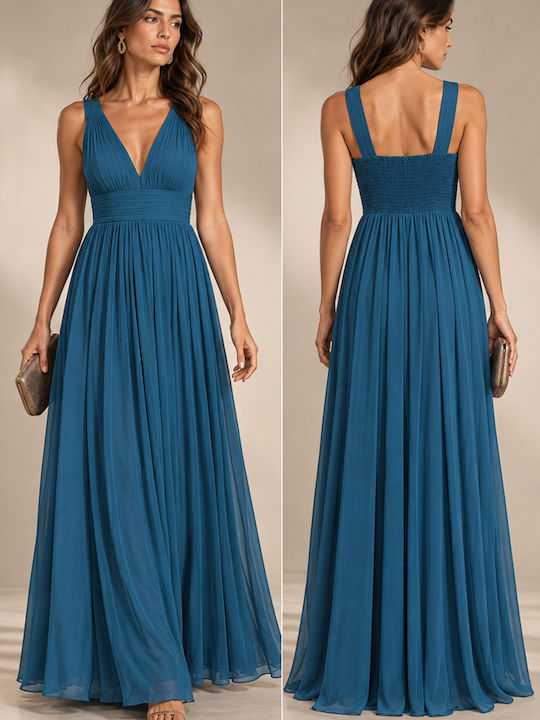 Summer Maxi Evening Satin Petrol Blue Dress