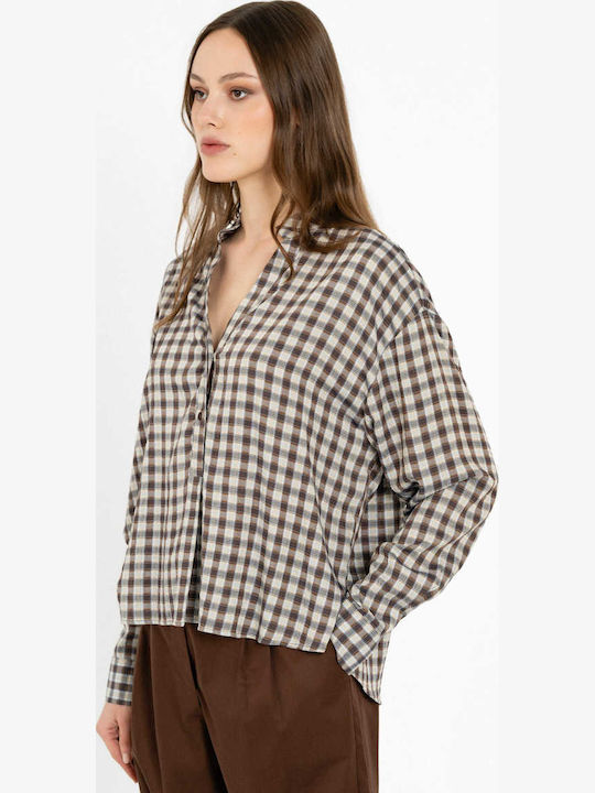 Long Sleeve Women's Shirt Brown Checked