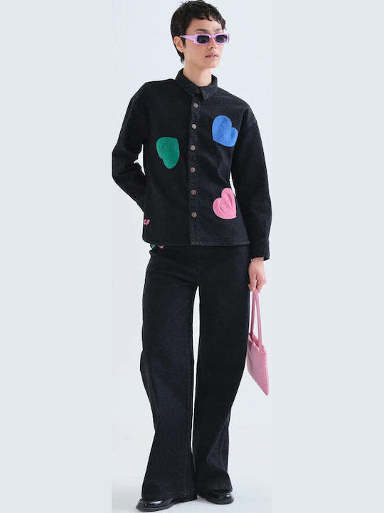Long Sleeve Women's Denim Half Button Shirt Black
