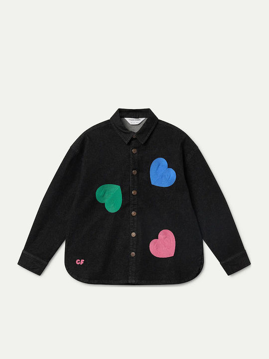Long Sleeve Women's Denim Half Button Shirt Black