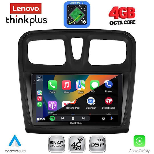 Lenovo Автомобилна Аудио Система за Dacia Logan / Sandero 2012-2019 (Bluetooth/USB/Вграден Wi-Fi/GPS/Apple CarPlay/Android Auto) с Touch Screen 9"